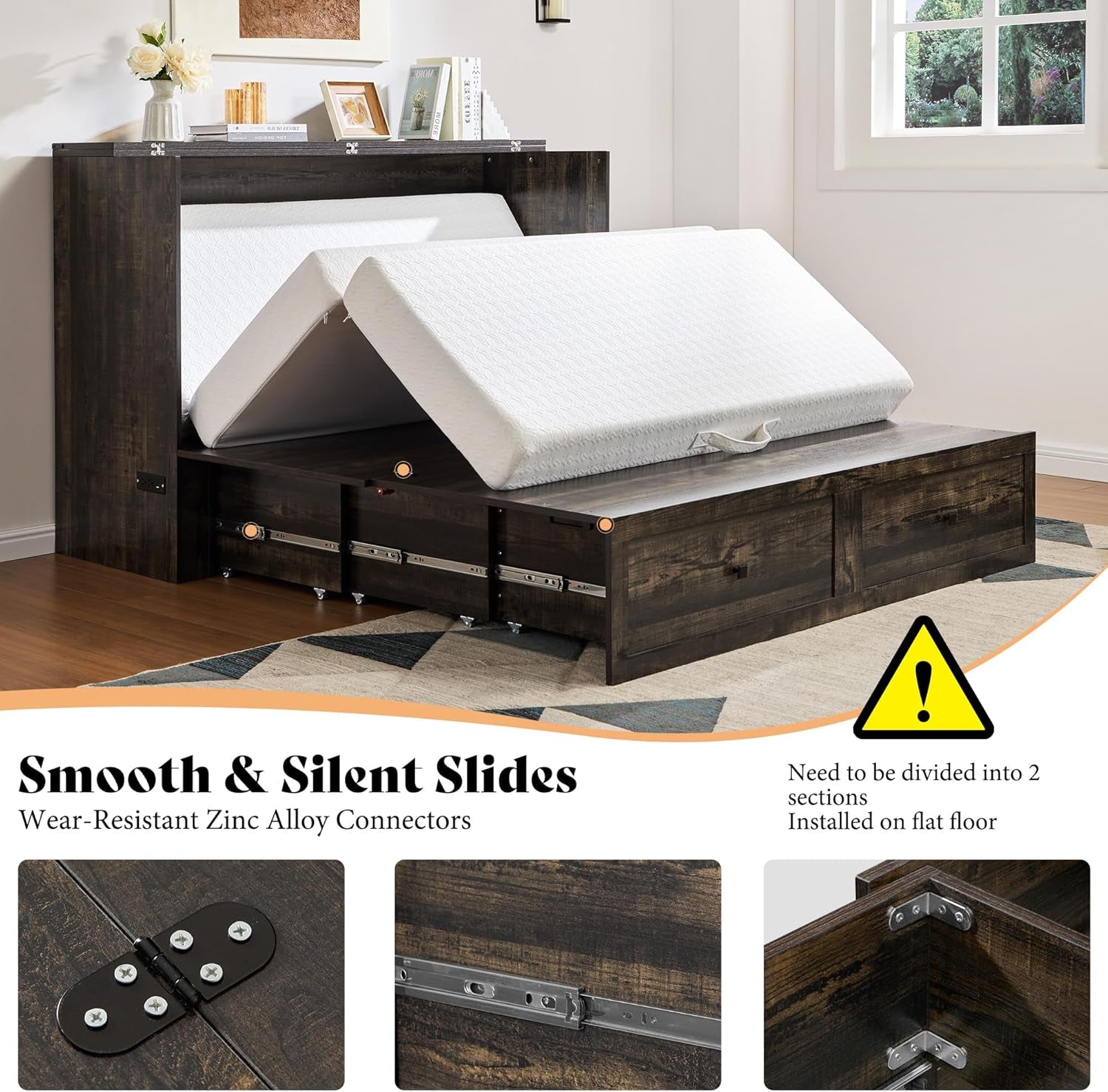 Black Oak Murphy Bed Cabinet With USB Charging Station Queen Size - PM Bedding Store