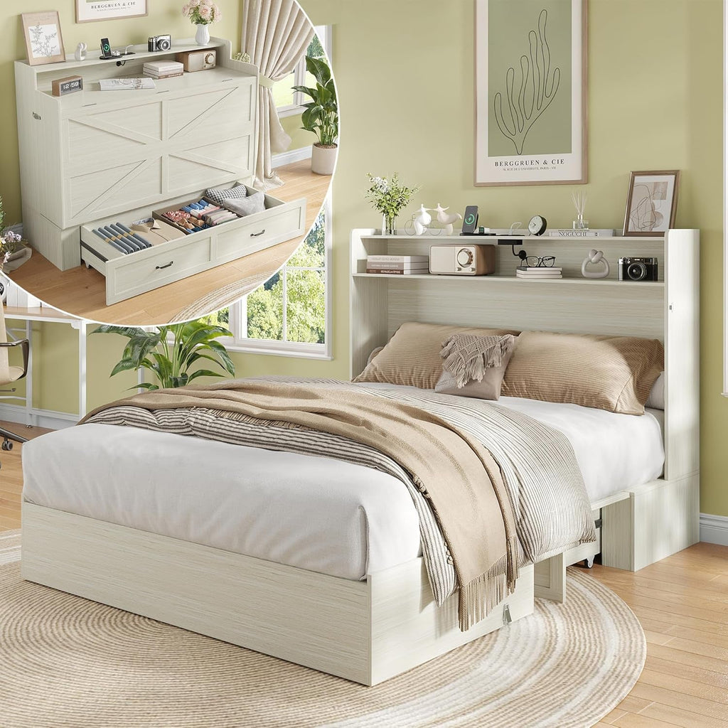 Vintage White Queen Murphy Bed Cabinet Space Saver - PM Bedding Store