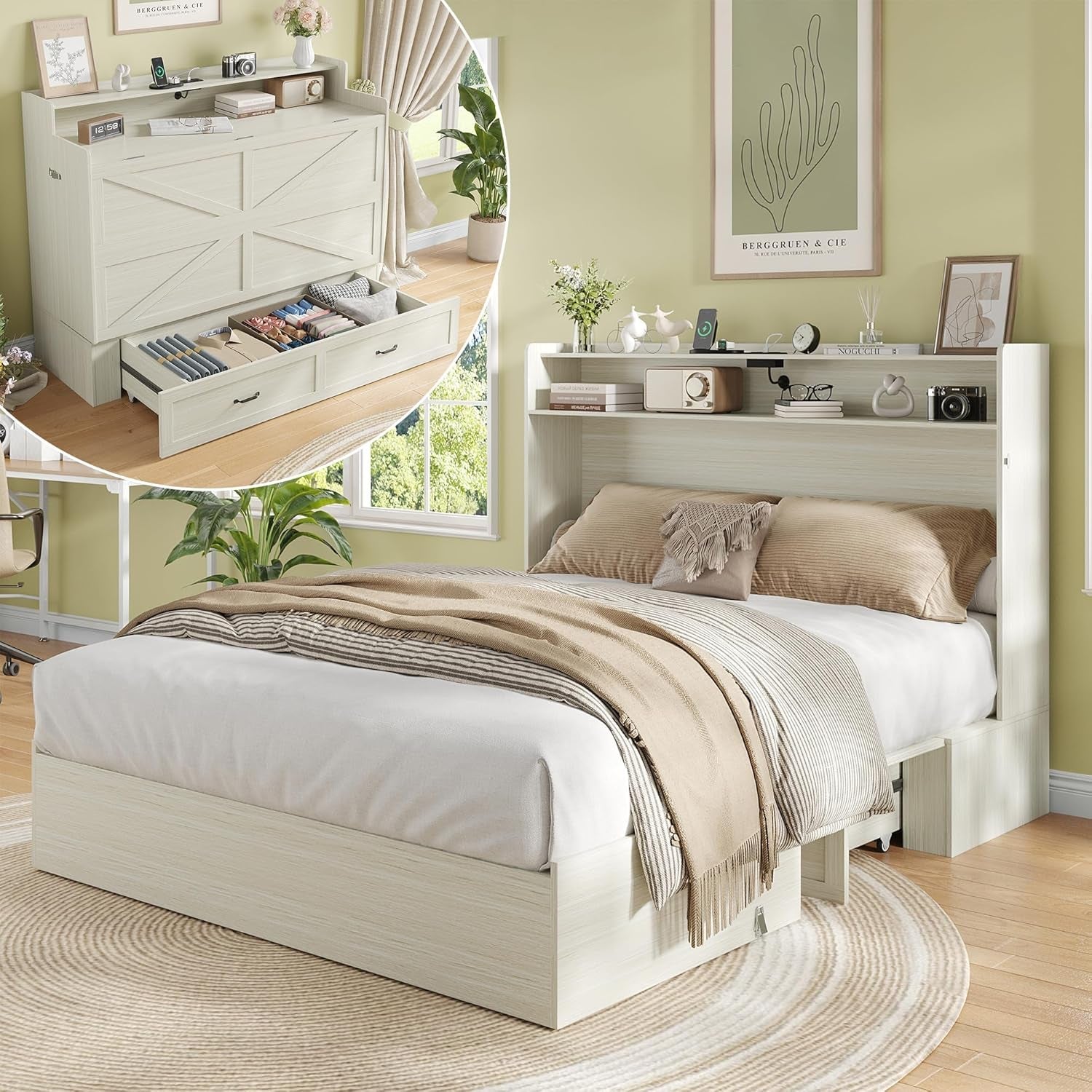 Vintage White Queen Murphy Bed Cabinet Space Saver - PM Bedding Store