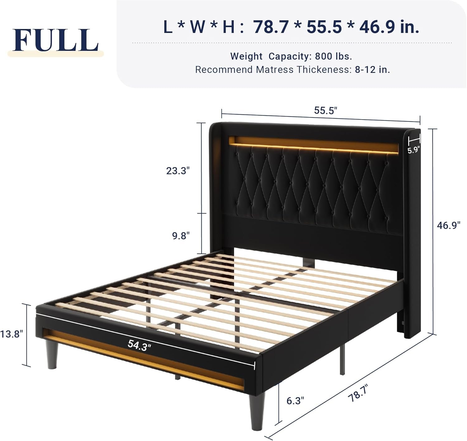 Full Size Bed Frame LED Lighting And USB Charging Black-1