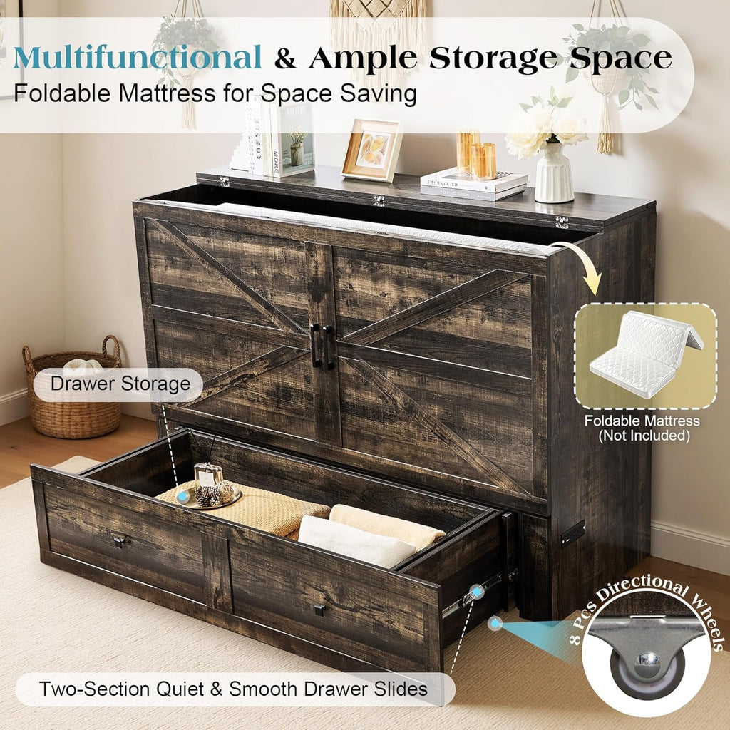 Queen Murphy Bed With Black Oak Finish And Storage - PM Bedding Store