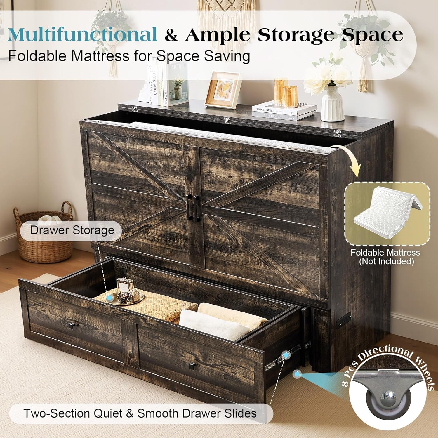 Queen Murphy Bed With Black Oak Finish And Storage - PM Bedding Store