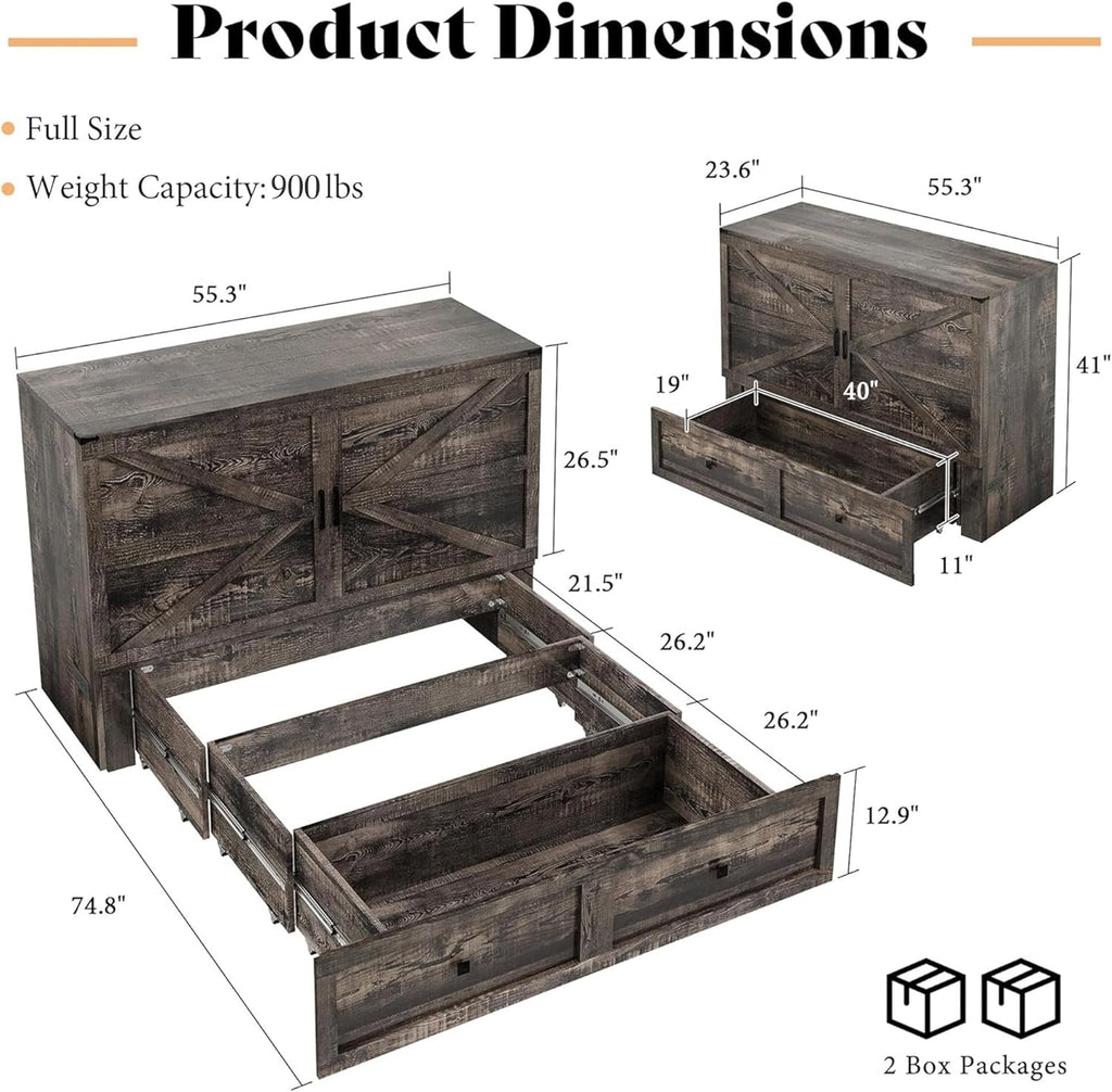 Black Oak Murphy Bed Cabinet With USB Charging Station Queen Size - PM Bedding Store
