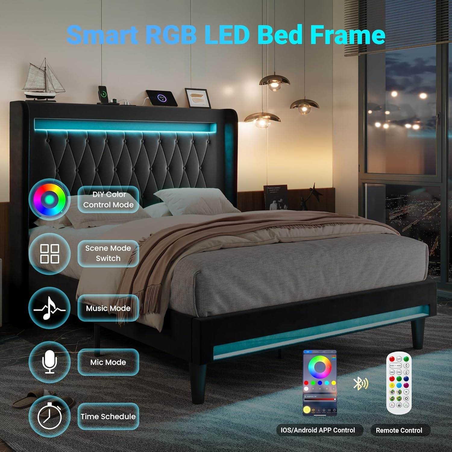 Full Size Bed Frame LED Lighting And USB Charging Black-3