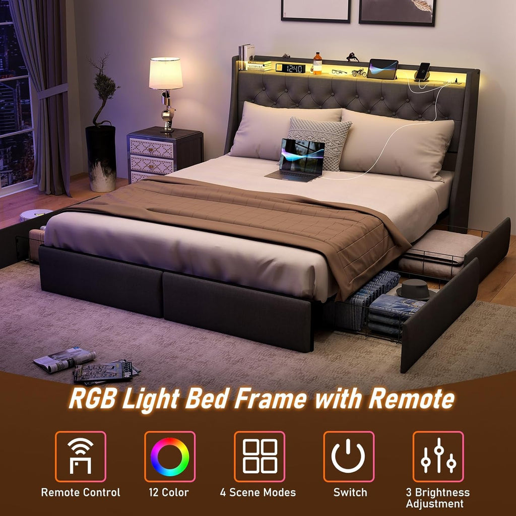 Queen Bed Frame With Storage Headboard LED Lighting