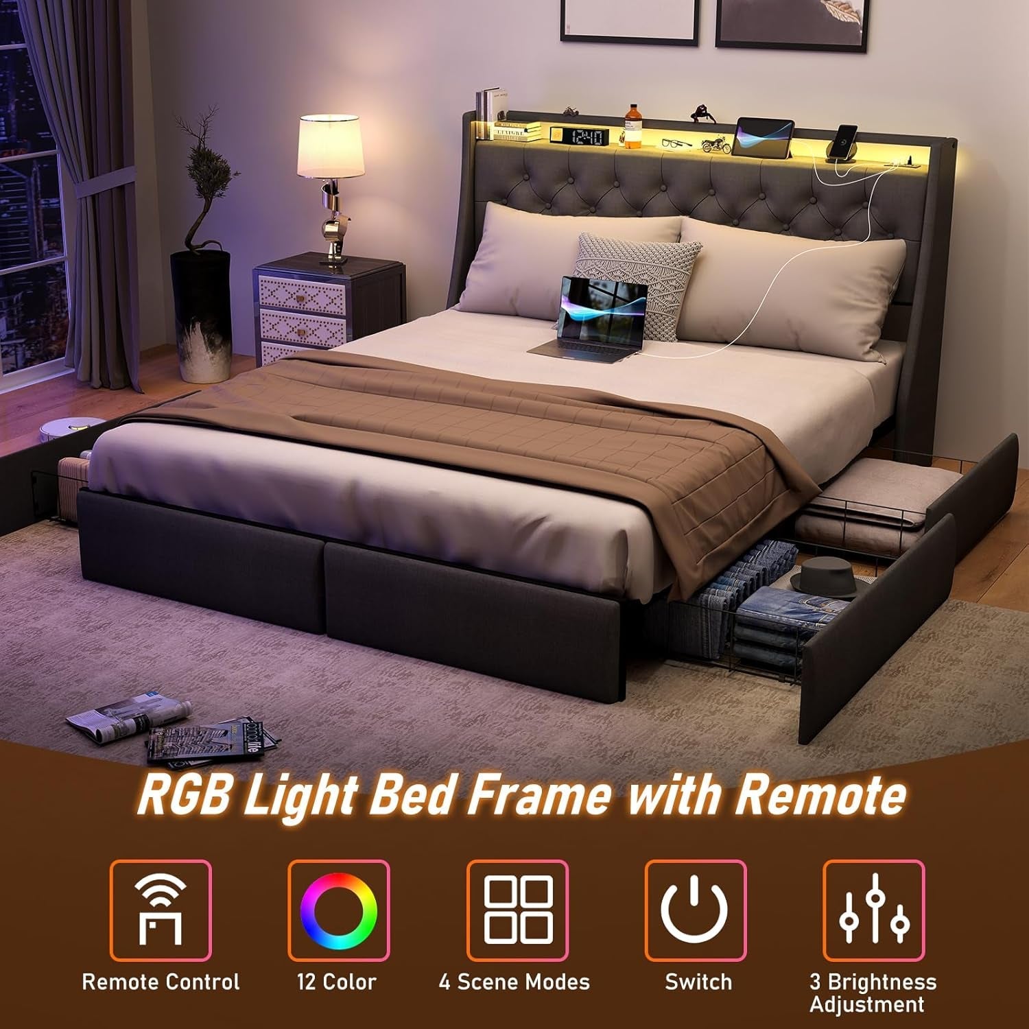 Queen Bed Frame With Storage Headboard LED Lighting