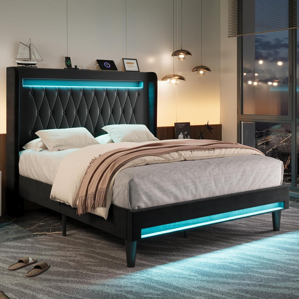 Full Size Bed Frame LED Lighting And USB Charging Black-0