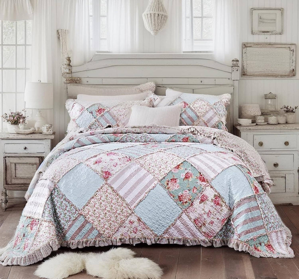 DaDa Bedding Hint of Mint Floral Pastel Cotton Patchwork Ruffle Bedspread Set (JHW-3036) - PM Bedding Store
