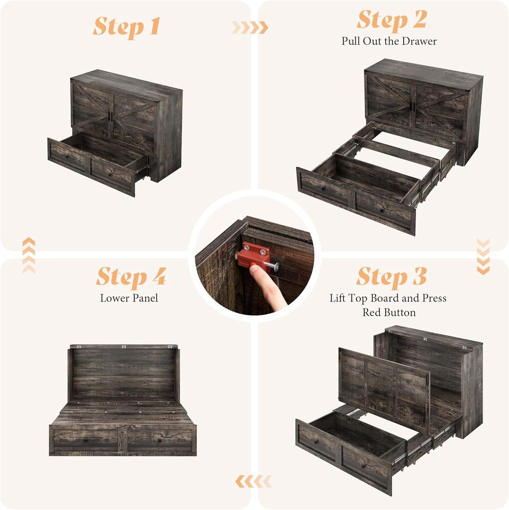 Black Oak Murphy Bed Cabinet With USB Charging Station Queen Size - PM Bedding Store