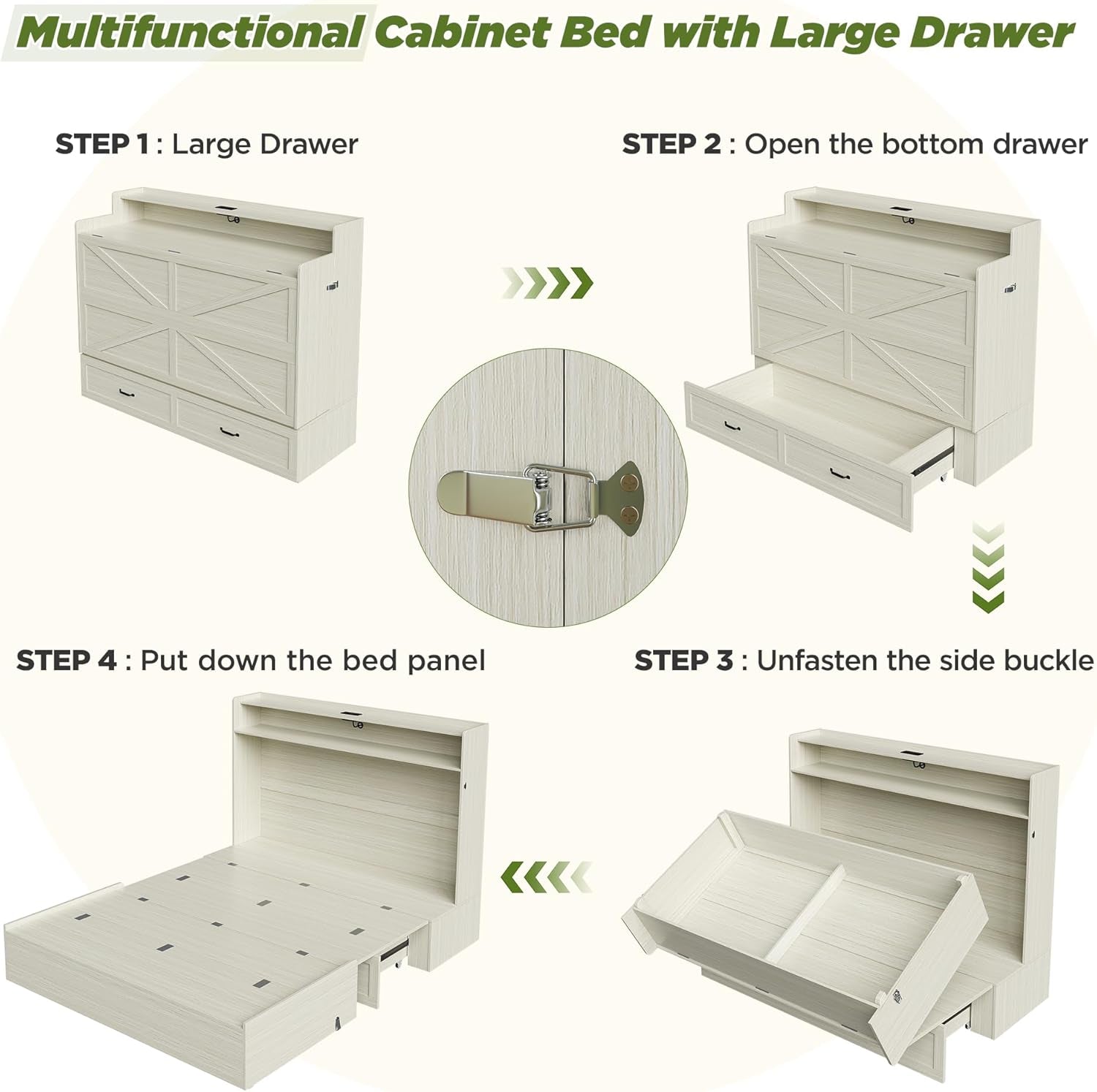 Vintage White Queen Murphy Bed Cabinet Space Saver - PM Bedding Store