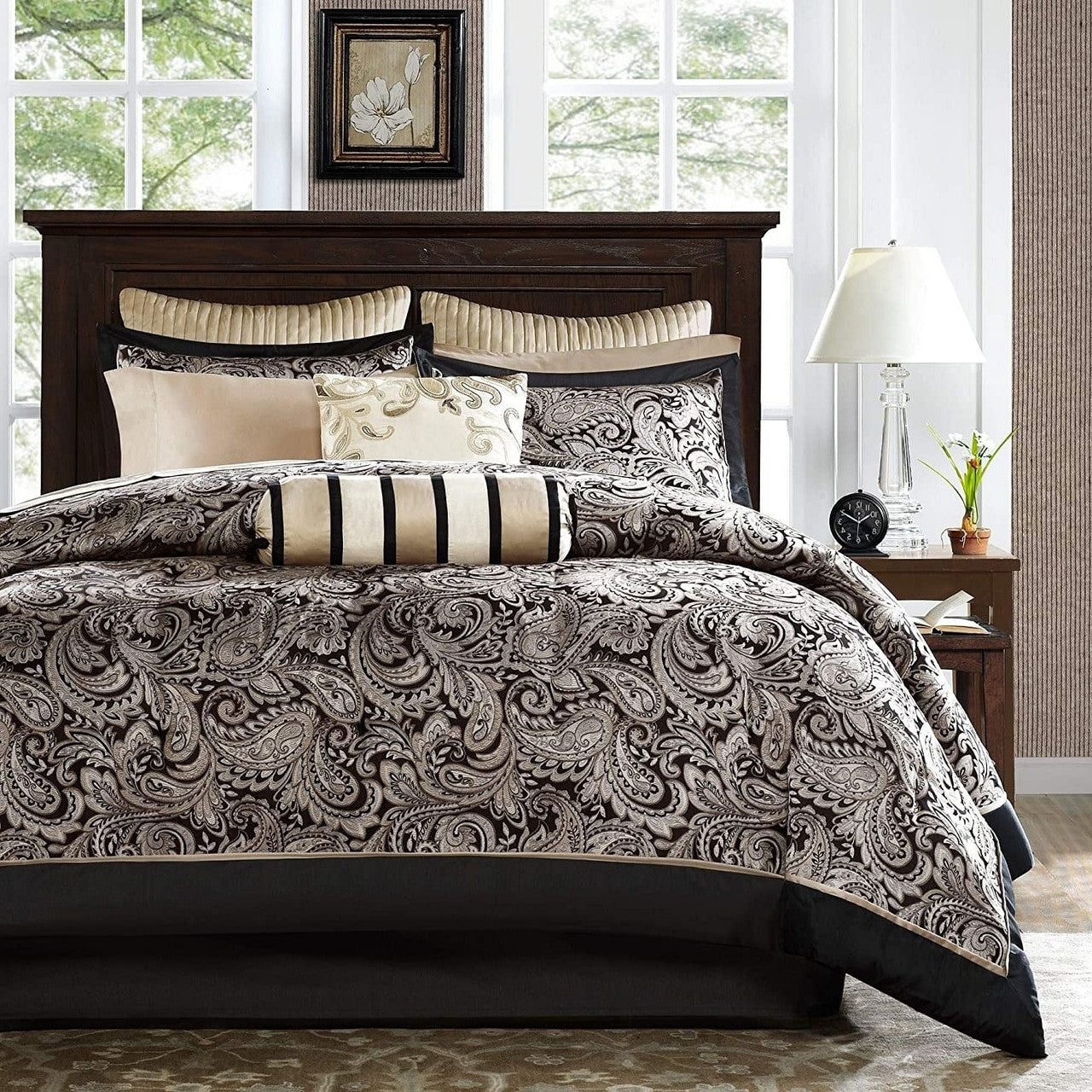 King 12 Piece Cotton Polyester Comforter Set Black Gold Paisley - PM Bedding Store