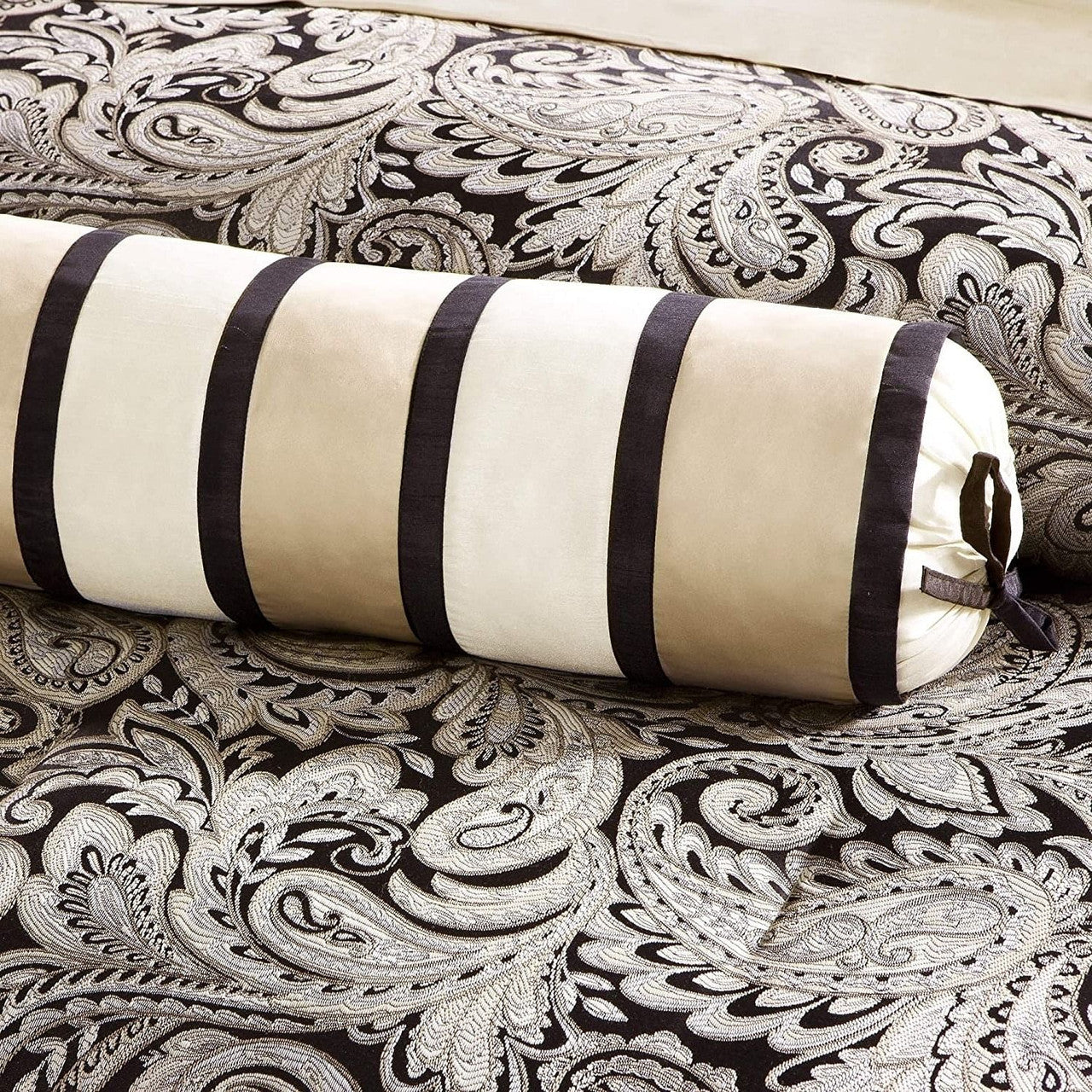 King 12 Piece Cotton Polyester Comforter Set Black Gold Paisley - PM Bedding Store