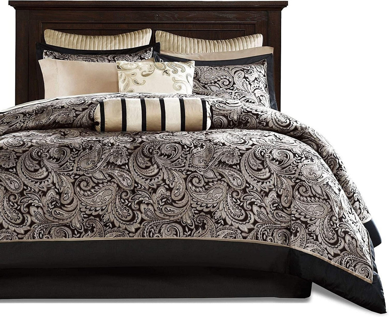 King 12 Piece Cotton Polyester Comforter Set Black Gold Paisley - PM Bedding Store