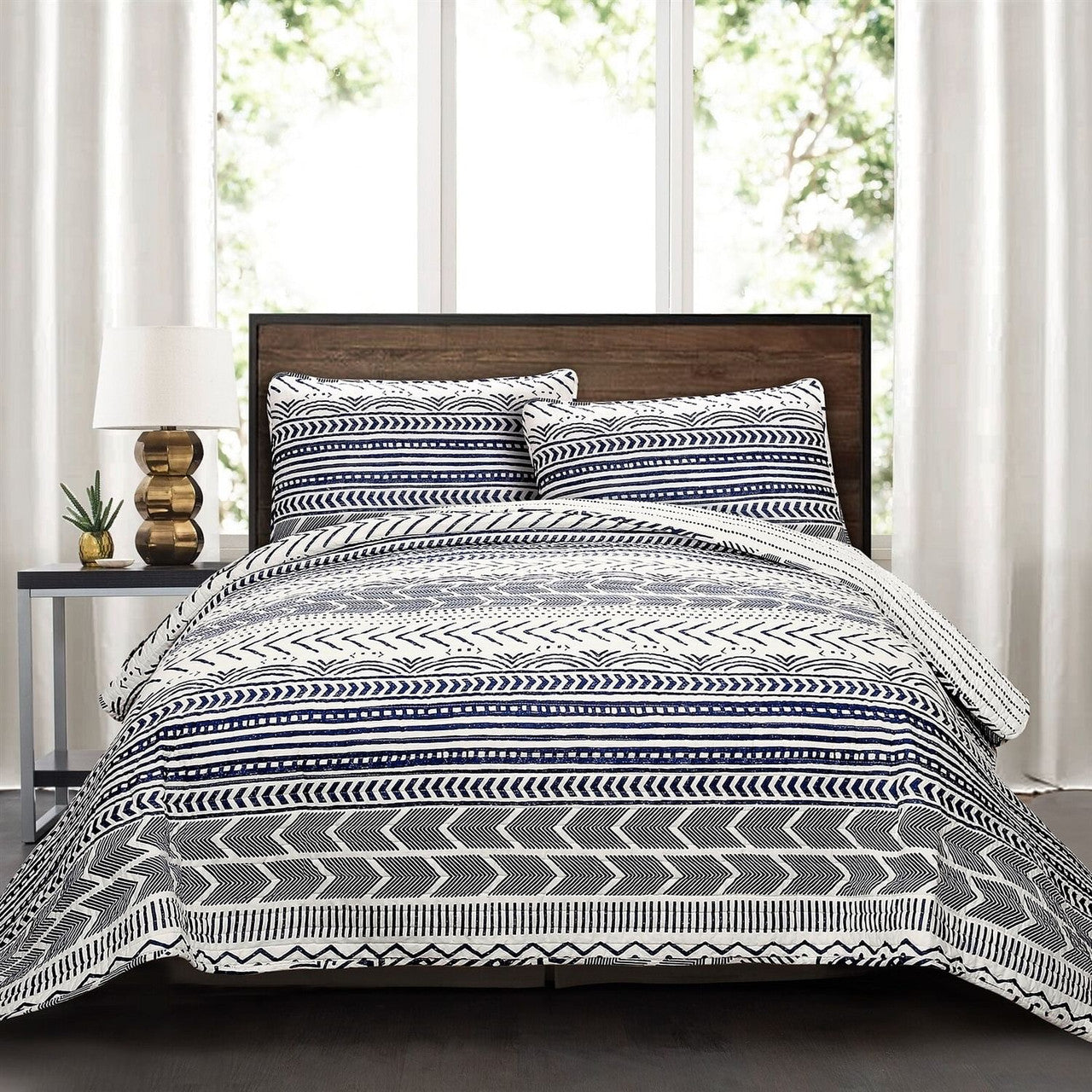 3 Piece Scandinavian Blue White Reversible Cotton Set in Full/Queen - PM Bedding Store