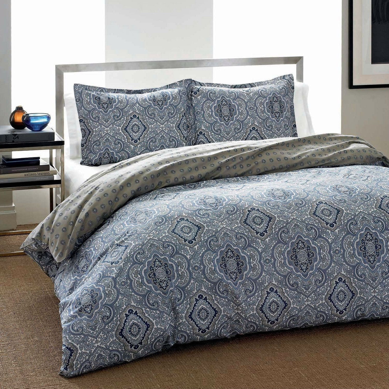 Full / Queen Cotton Comforter Set with Grey Blue Damask Pattern - PM Bedding Store