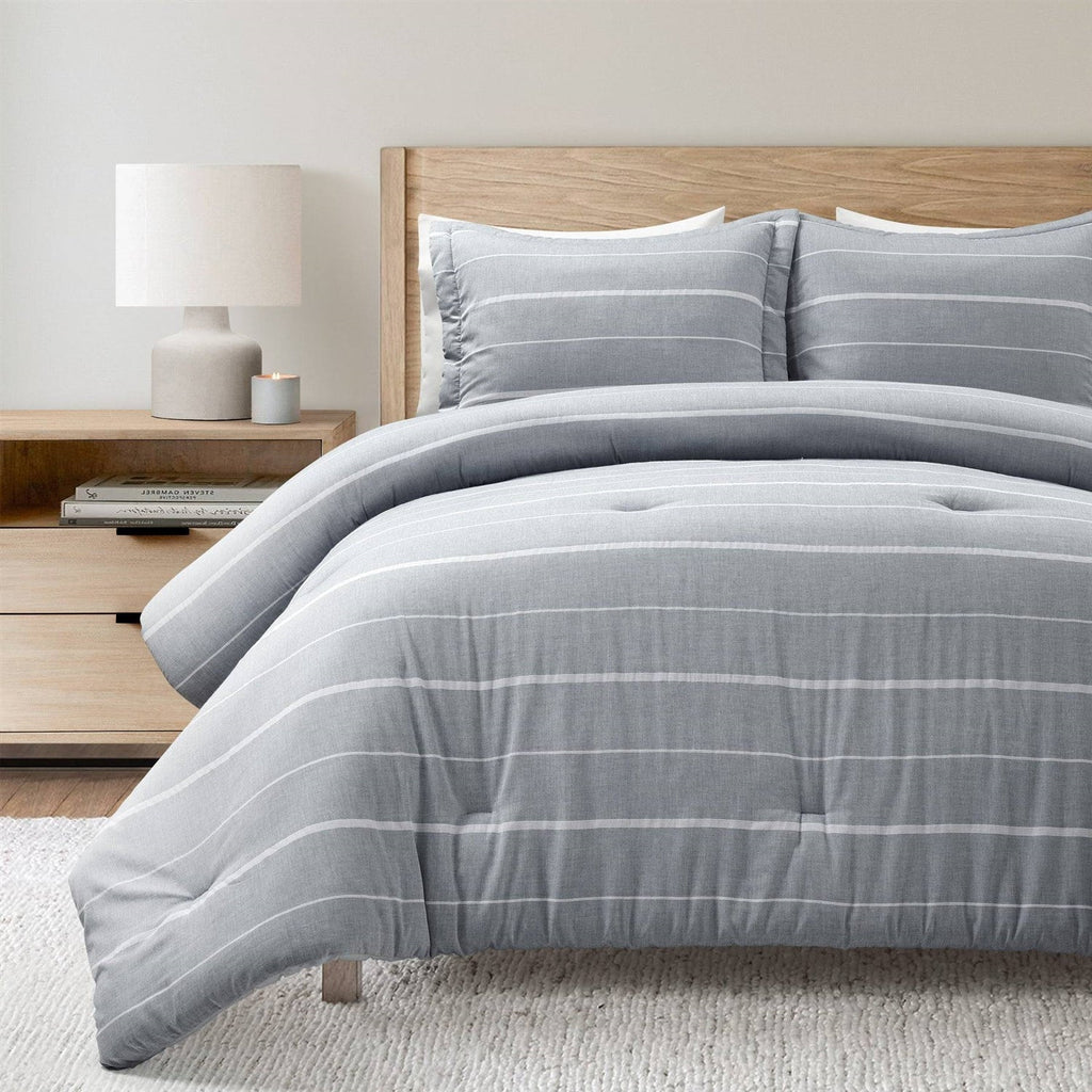 Full/Queen Blue Grey Off-White Stripe 3-Piece Lightweight Comforter Set - PM Bedding Store