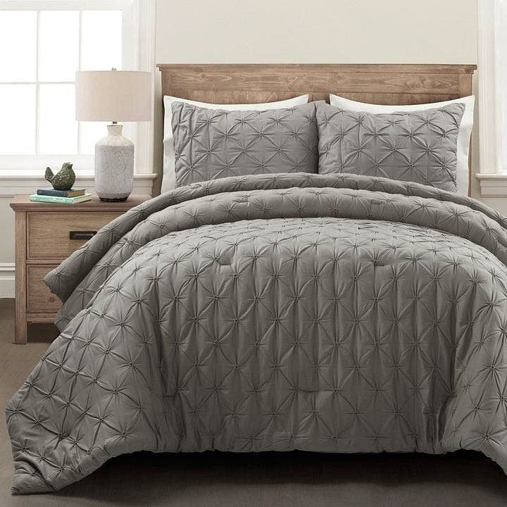Full/Queen size  Soft Pleated Grey Cotton 3 Piece Comforter Set - PM Bedding Store