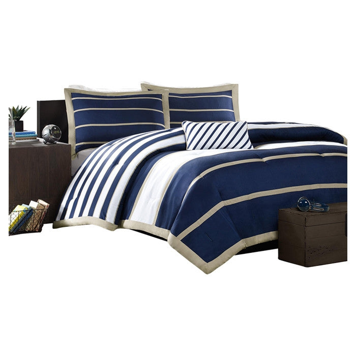 Full / Queen size Comforter Set in Navy Blue White Khaki Stripe - PM Bedding Store