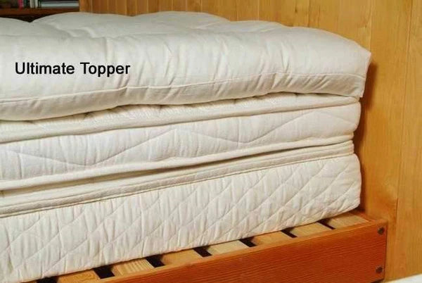 Organic quilted mattress topper from Holy Lamb Organics with plush wool filling and a soft, textured fabric surface.