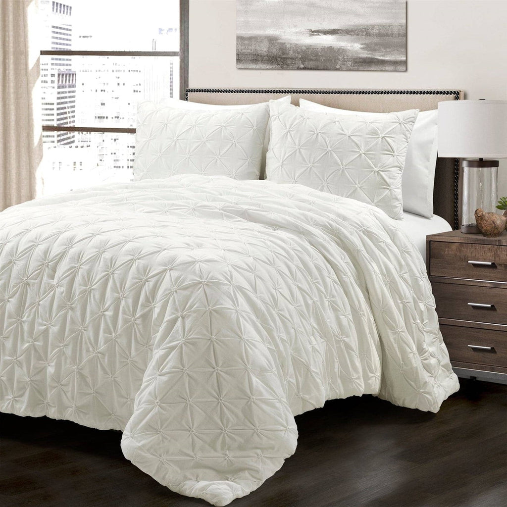 Full/Queen Soft Pleated Cotton 3 Piece Comforter Set White - PM Bedding Store