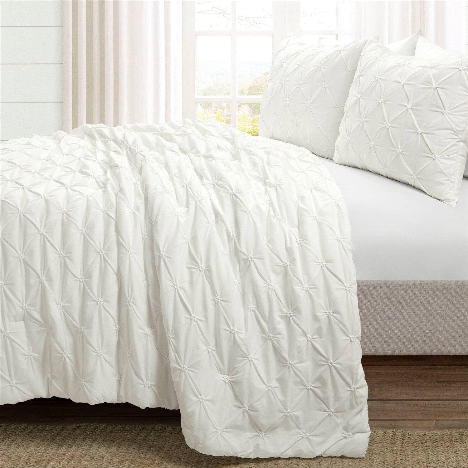 Full/Queen Soft Pleated Cotton 3 Piece Comforter Set White - PM Bedding Store