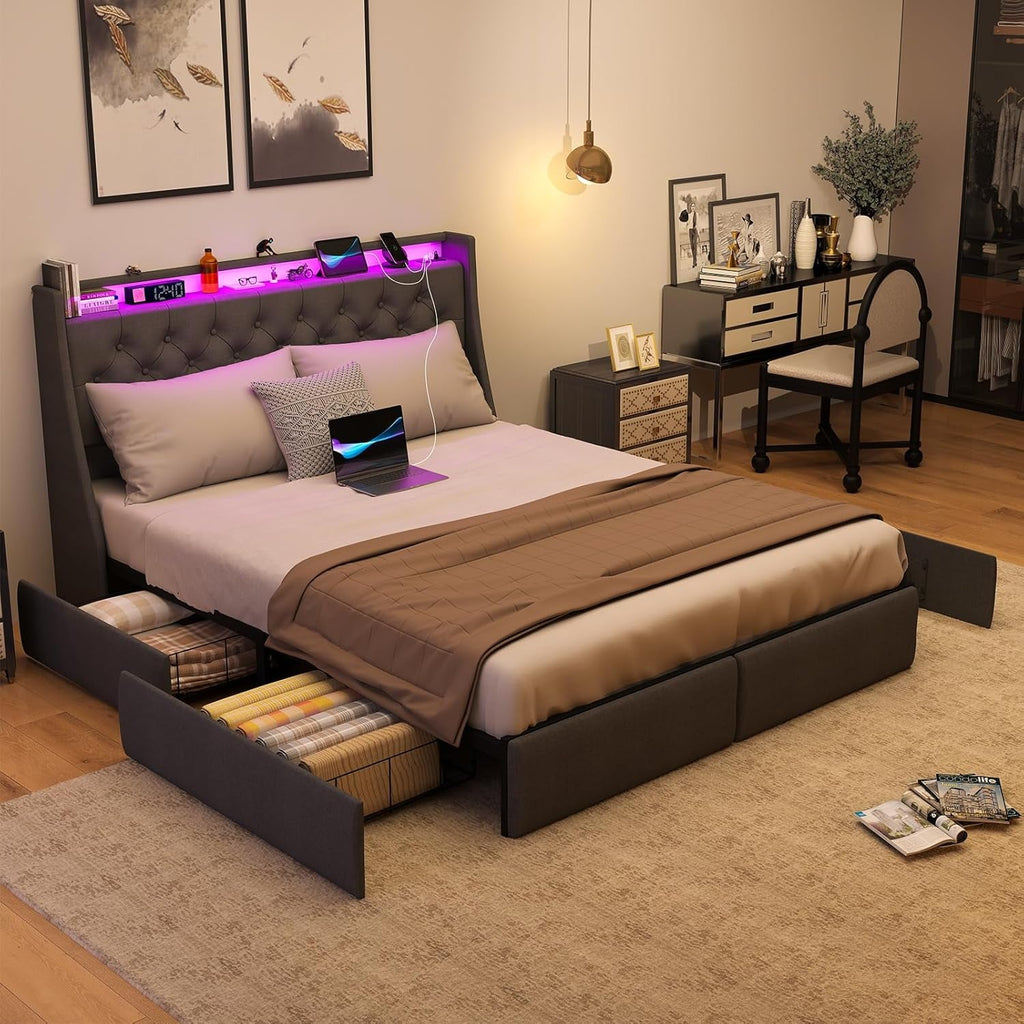 Queen Bed Frame With Storage Headboard LED Lighting