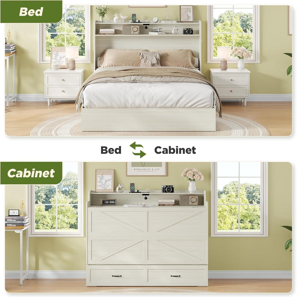 Vintage White Queen Murphy Bed Cabinet Space Saver - PM Bedding Store