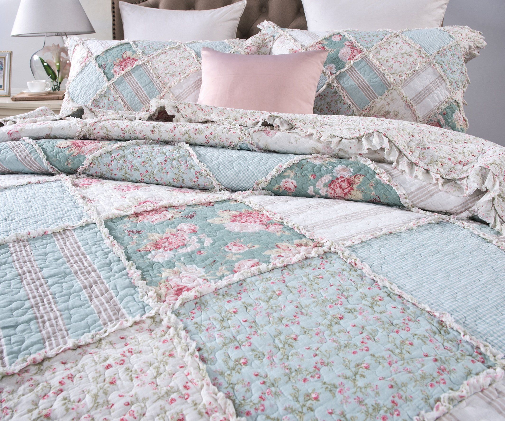 DaDa Bedding Hint of Mint Floral Pastel Cotton Patchwork Ruffle Bedspread Set (JHW-3036) - PM Bedding Store