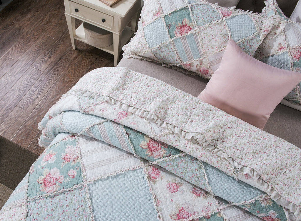 DaDa Bedding Hint of Mint Floral Pastel Cotton Patchwork Ruffle Bedspread Set (JHW-3036) - PM Bedding Store