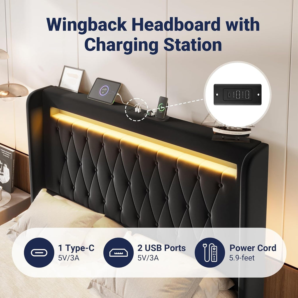 Full Size Bed Frame LED Lighting And USB Charging Black-4