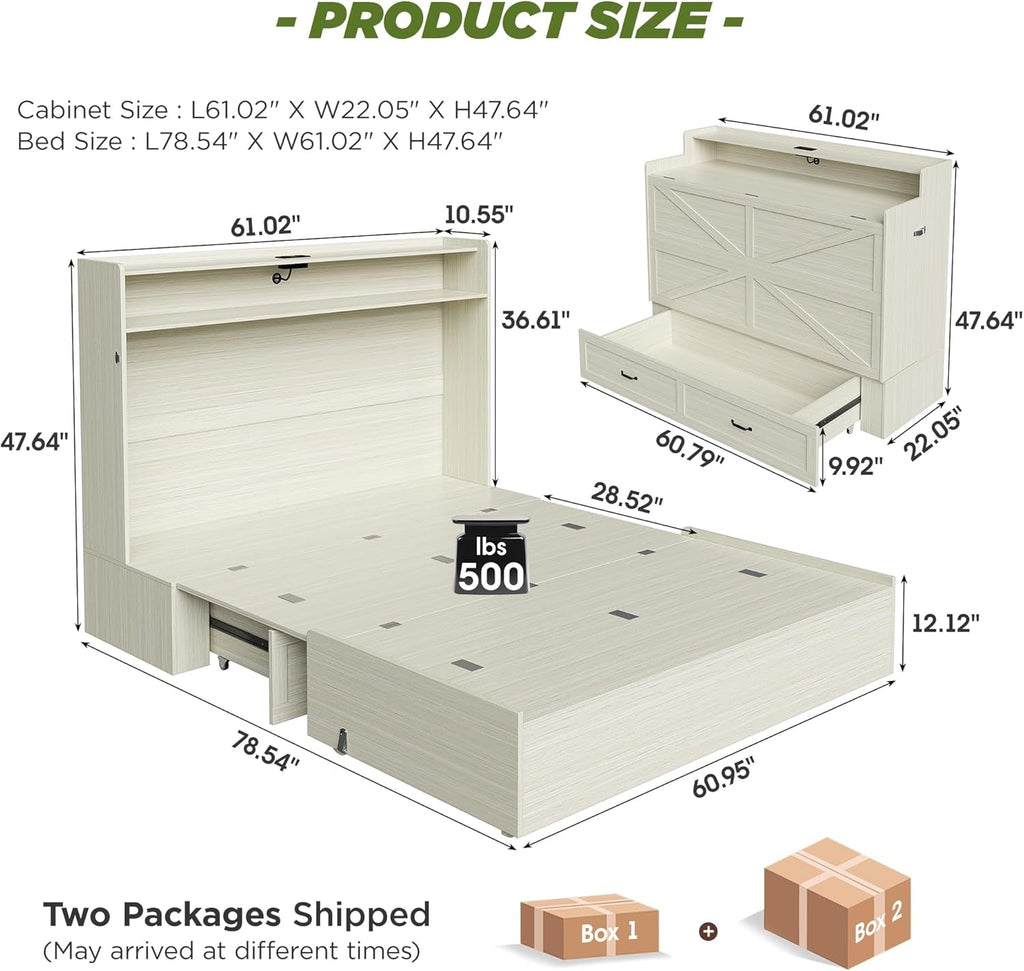 Vintage White Queen Murphy Bed Cabinet Space Saver - PM Bedding Store