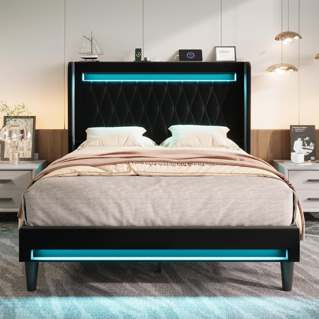 Full Size Bed Frame LED Lighting And USB Charging Black-2