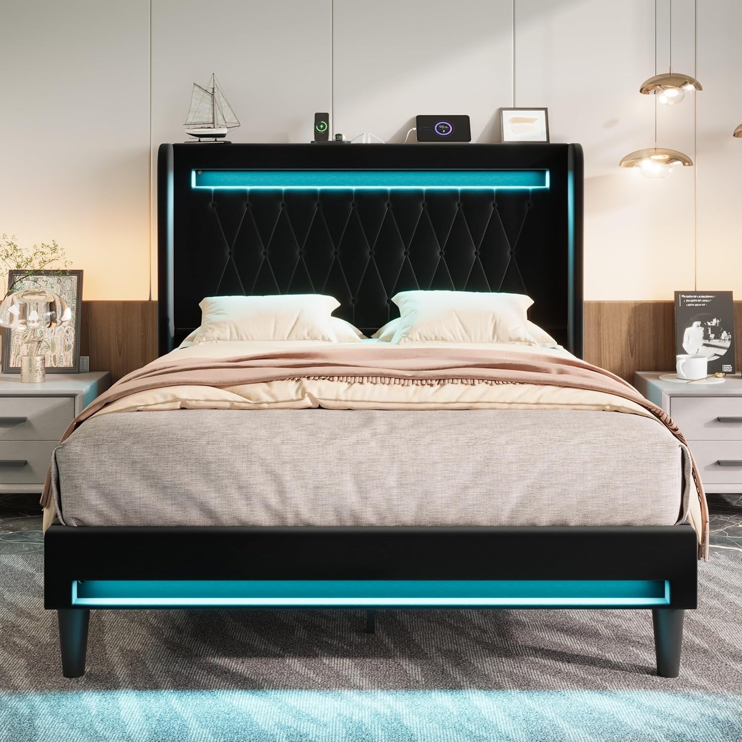 Full Size Bed Frame LED Lighting And USB Charging Black-2