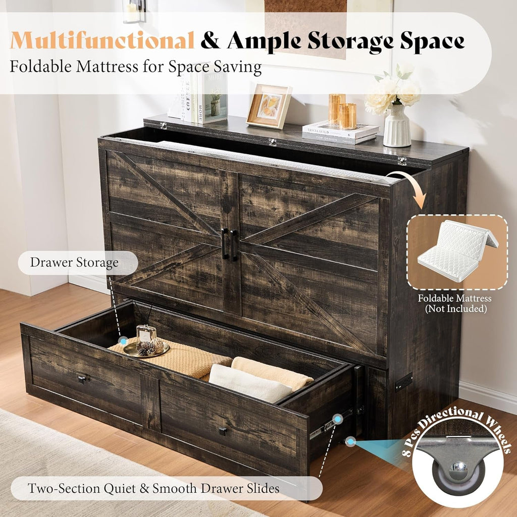 Black Oak Murphy Bed Cabinet With USB Charging Station Queen Size - PM Bedding Store