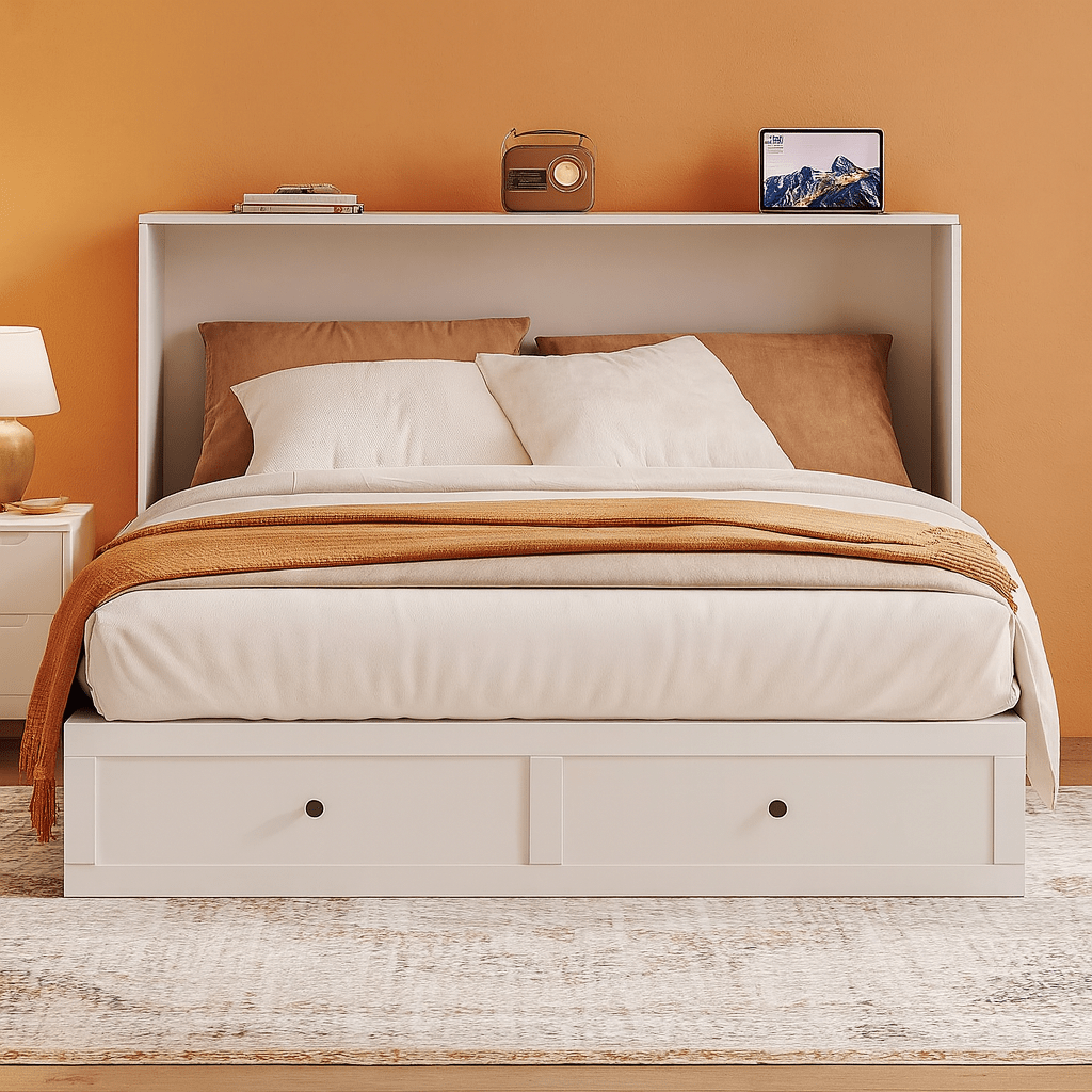 Queen Murphy Bed Cabinet With Storage And Charging Station Distressed White - PM Bedding Store