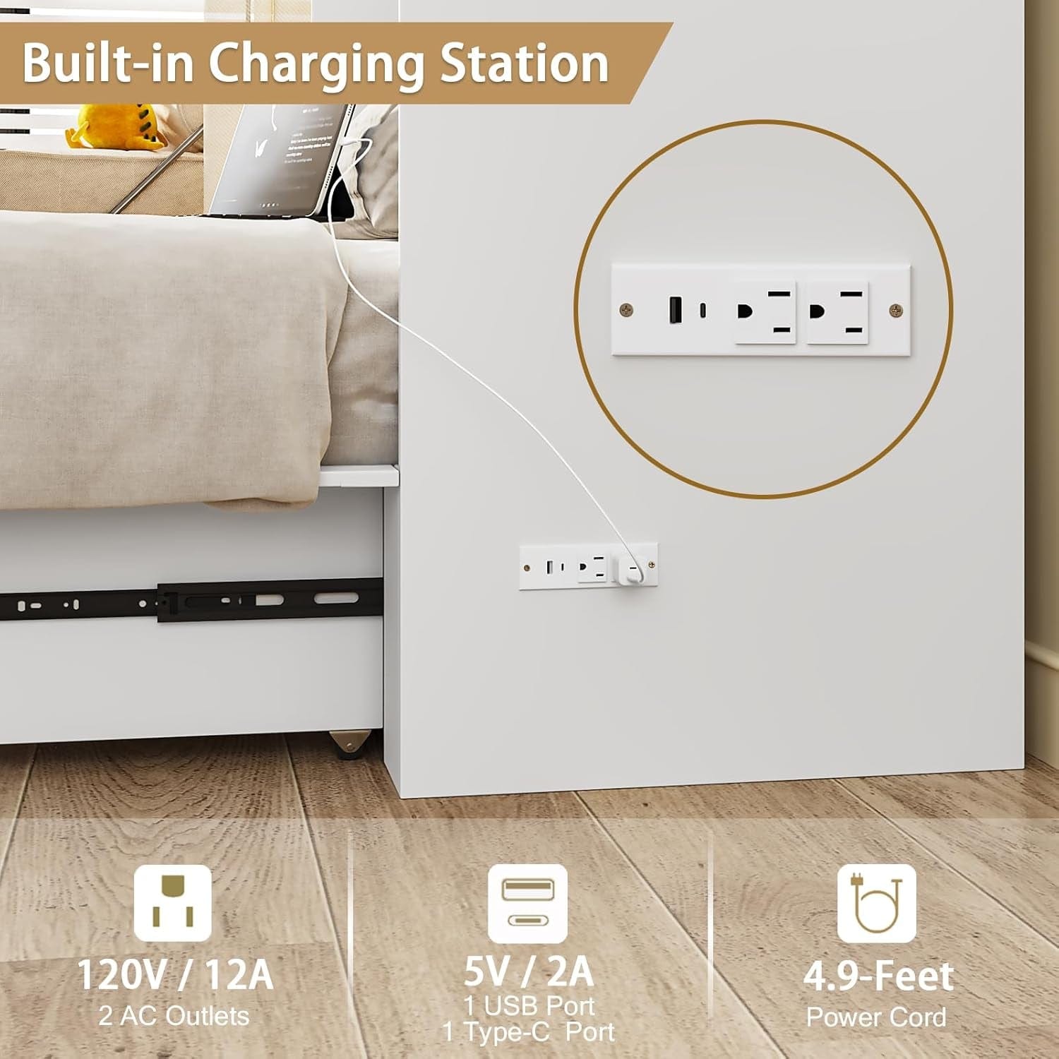 Queen Murphy Bed Cabinet With Storage And Charging Station Distressed White - PM Bedding Store