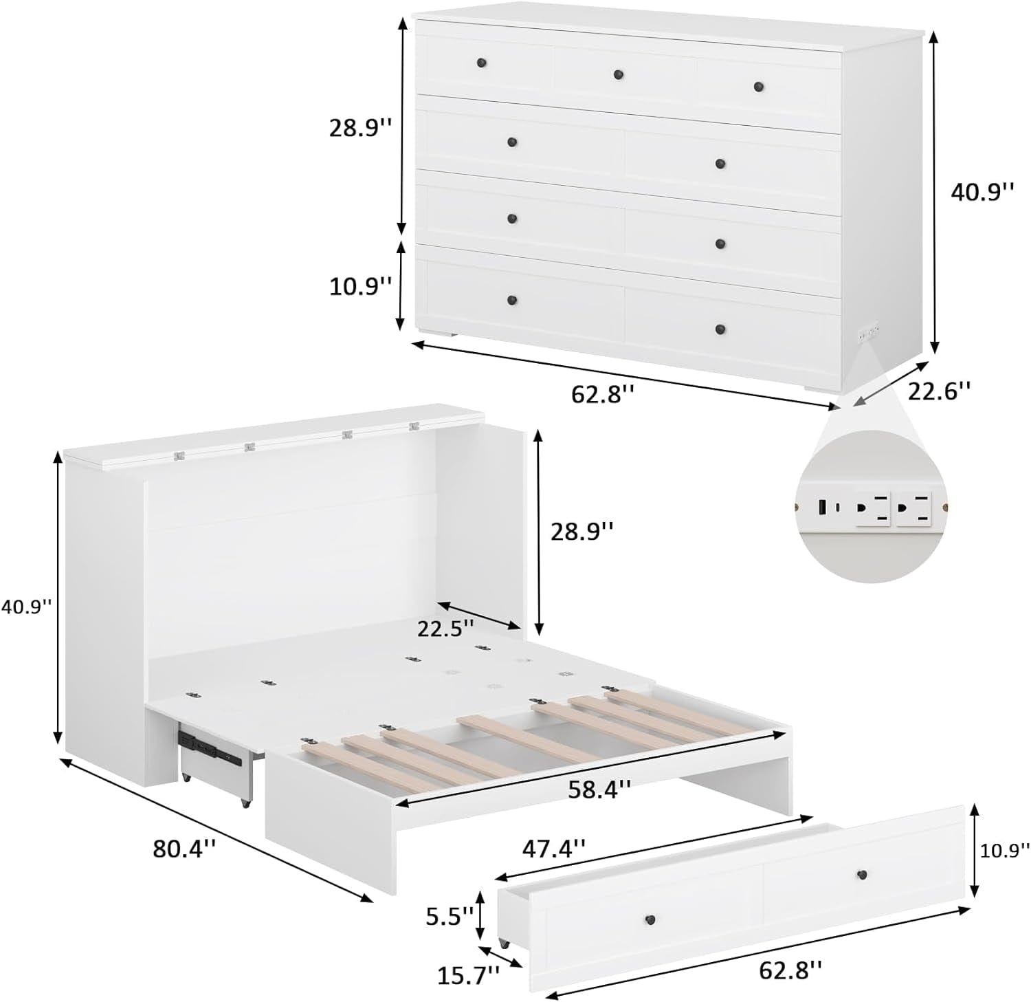Queen Murphy Bed Cabinet With Storage And Charging Station Distressed White - PM Bedding Store