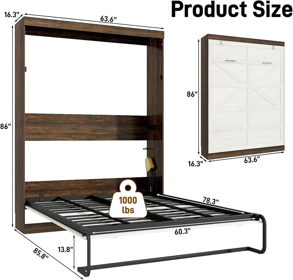 Queen Size Murphy Bed With LED Lights Rustic White Finish - PM Bedding Store