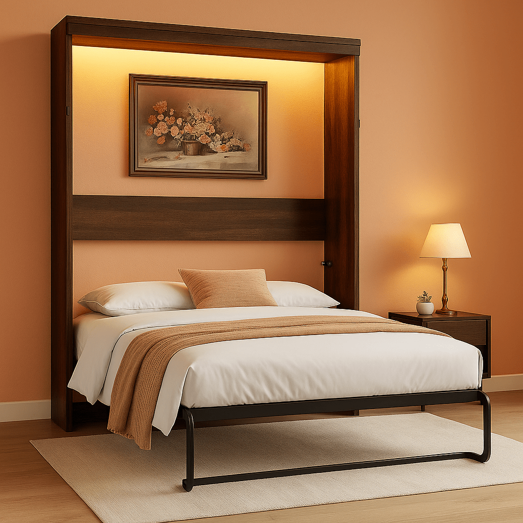 Queen Size Murphy Bed With LED Lights Rustic White Finish - PM Bedding Store