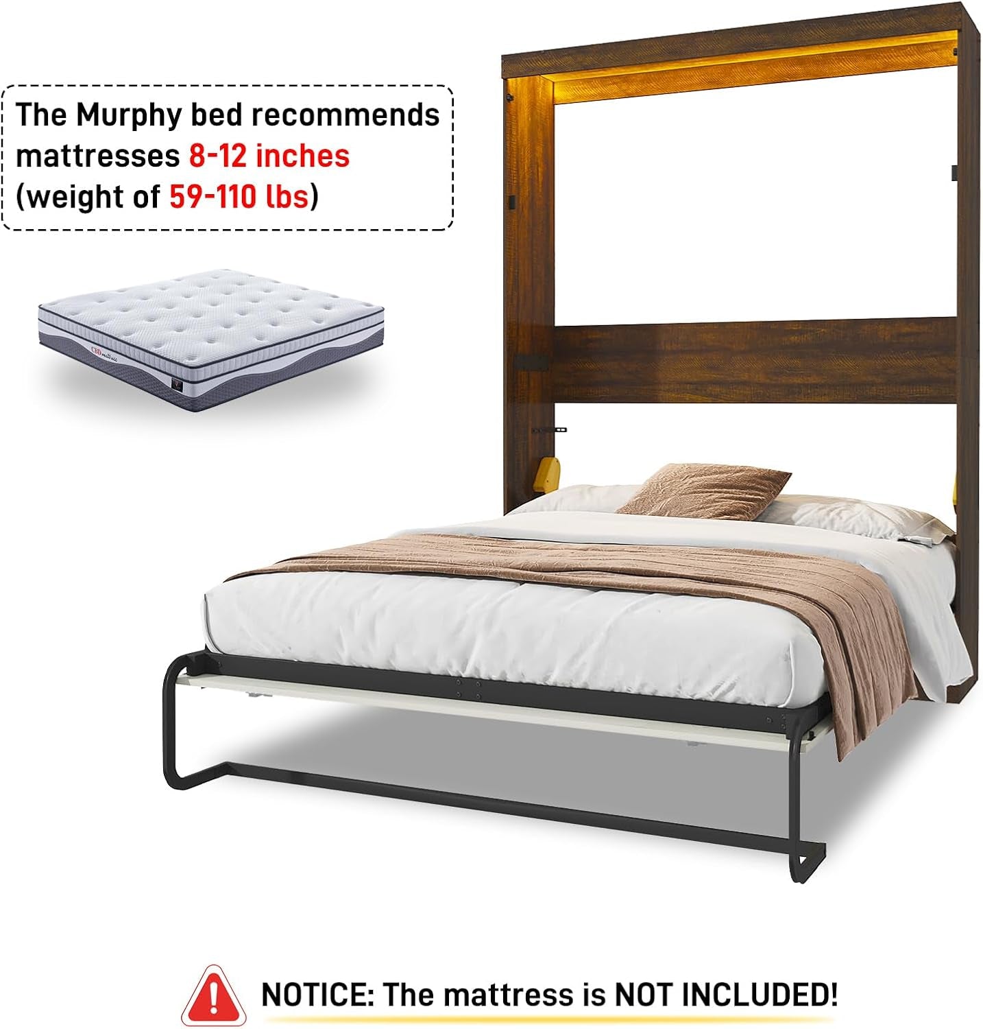 Queen Size Murphy Bed With LED Lights Rustic White Finish - PM Bedding Store