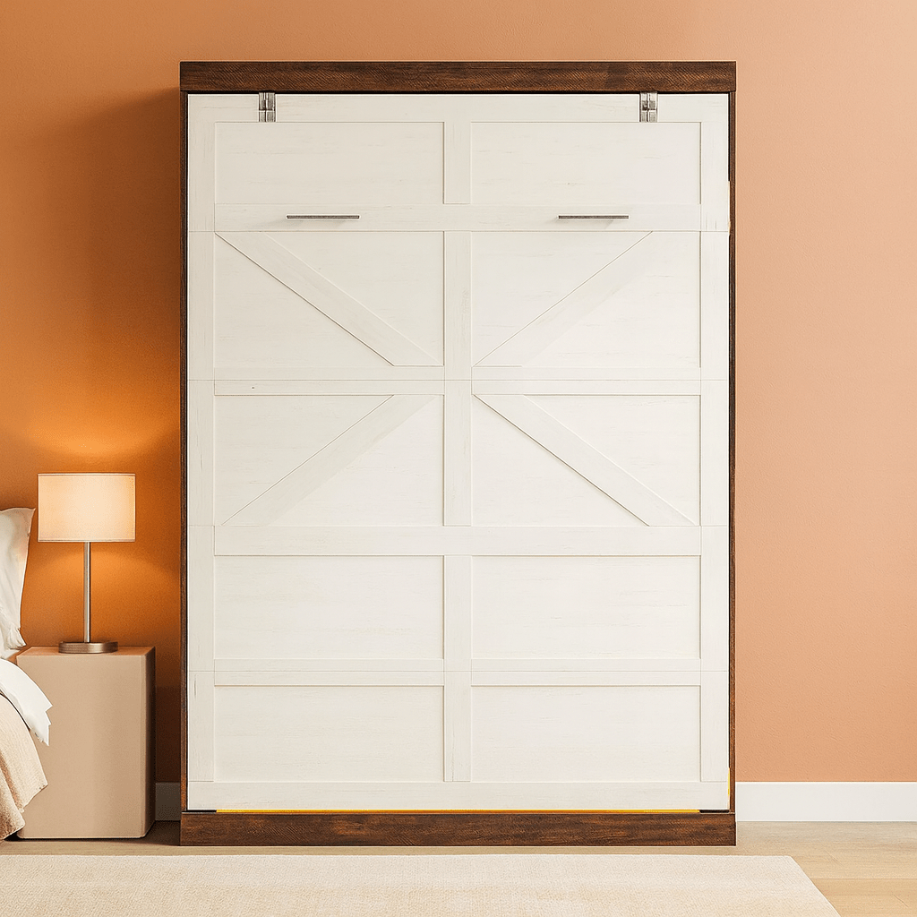 Queen Size Murphy Bed With LED Lights Rustic White Finish - PM Bedding Store