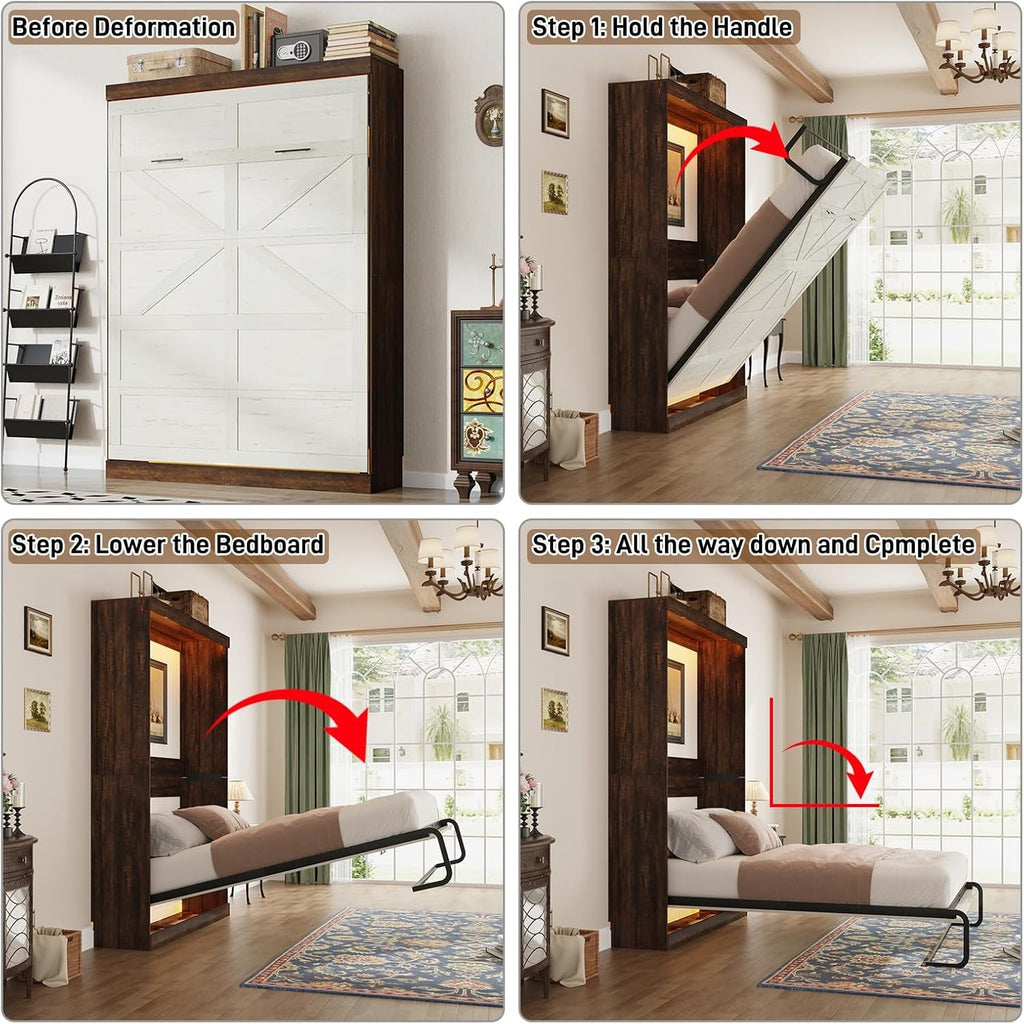 Queen Size Murphy Bed With LED Lights Rustic White Finish - PM Bedding Store