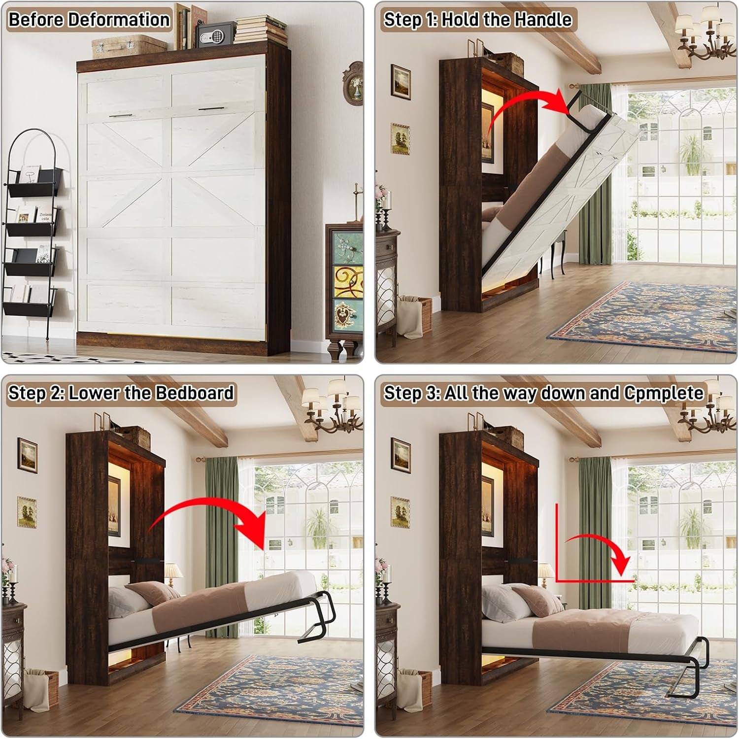 Queen Size Murphy Bed With LED Lights Rustic White Finish - PM Bedding Store