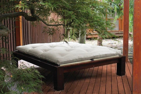 Organic cotton, latex, and wool futon mattress from Soaring Heart with natural layers and traditional shikibuton design.