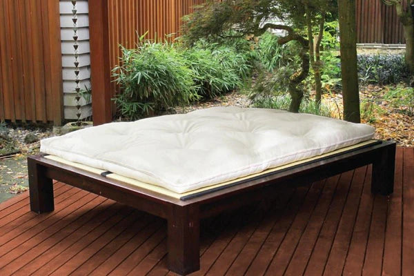 Organic cotton, wool, and latex futon mattress by Soaring Heart, showing a traditional shikibuton style with natural fabrics.