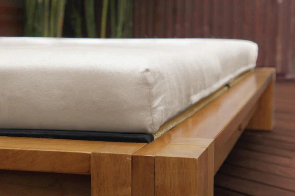 Organic latex shikibuton mattress by Soaring Heart, showcasing its natural, eco-friendly design and plush surface for restful sleep.